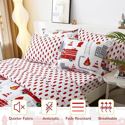 Mooreeke Kids Full Comforter Sets for Boys 8 Pieces Fire Truck White Bedding Set for Teens Soft Microfiber Kids Bed in A Bag with Comforter, Sheet Set, Shams and Decorative Toy Pillow All Season