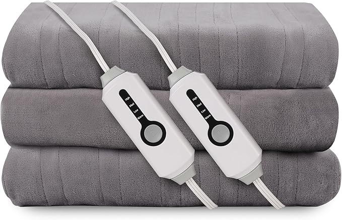 Electric Heated Blanket 90"x100" King Size, Soft Coral Fleece, Dual Controllers with 4 Heating Levels and 10 Hours Auto-Off, Machine Washable, Cozy Plush Fabric for Home, Light Gray