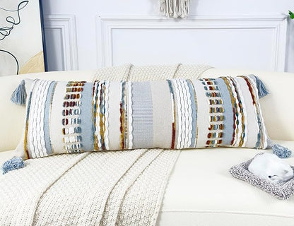 Chenille and Cotton Long Pillow for Bed, Striped Textured Boho Lumbar Throw Pillow Cover 16x36, Neutral Accent Decorative Extra Long Body Pillow Case for Couch, Sofa, Bedroom, Light Blue