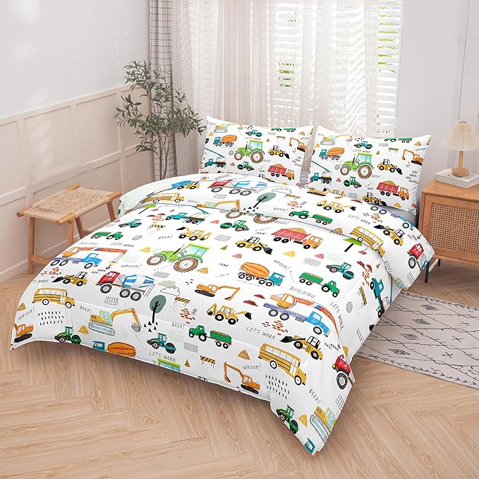 Peopleareok Cartoon Car Kids Comforter Set Queen (90x90 Inch), 3 Pieces Construction Excavator Tractor Bedding Sets for Boys Toddler Children, Super Soft Microfiber Comforter with 2 Pillowcase