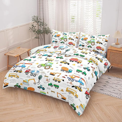 Peopleareok Cartoon Car Kids Comforter Set Queen (90x90 Inch), 3 Pieces Construction Excavator Tractor Bedding Sets for Boys Toddler Children, Super Soft Microfiber Comforter with 2 Pillowcase