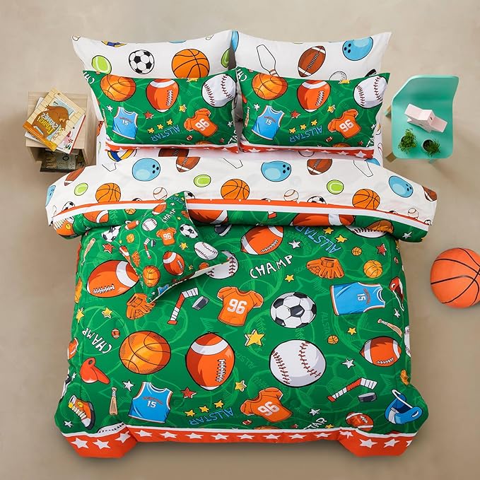 A Nice Night 6Pcs Bed in A Bag Twin Sports Comforter Set, Rugby Ball Jersey Patchwork Printed Bedding Collections,for Boys Kids Teen,Green