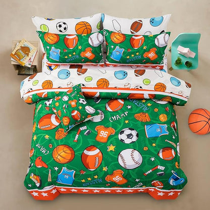 A Nice Night 6Pcs Bed in A Bag Twin Sports Comforter Set, Rugby Ball Jersey Patchwork Printed Bedding Collections,for Boys Kids Teen,Green