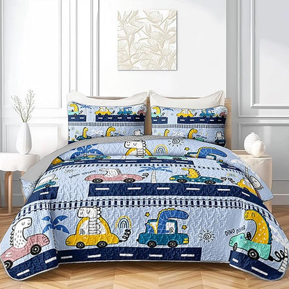 QOOMO Cartoon Car Quilt Set Full/Queen Size,Dinosaur Bedspread Coverlet Set,Vehicle 3Pcs Bedding Set Printed Quilt with 2 Pillowcases,Soft and Lightweight,for All Seasons