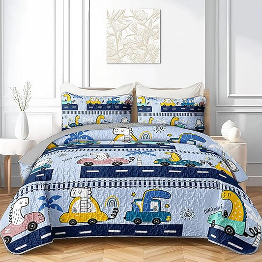 QOOMO Cartoon Car Quilt Set Full/Queen Size,Dinosaur Bedspread Coverlet Set,Vehicle 3Pcs Bedding Set Printed Quilt with 2 Pillowcases,Soft and Lightweight,for All Seasons