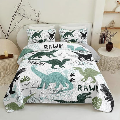 QOOMO Dinosaur Quilt Set King Size,Cartoon Dinosaur Bedspread Coverlet Set,Dinosaurs 3Pcs Bedding Set Printed Quilt with 2 Pillowcases,Soft and Lightweight,for All Seasons