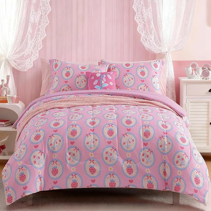 Twin Comforter Set for Girls-3 Pieces Pink Strawberry Twin Bedding Sets for Kids,1 Comforter,1 Sham and 1 Decor Pillow
