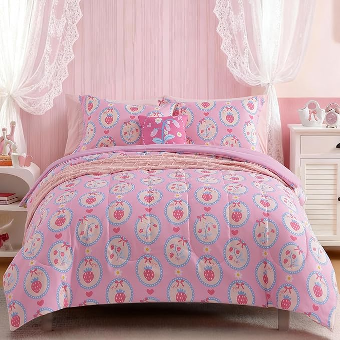 Full Size Comforter Set for Girls - 4 Pieces Pink Strawberry Full Bedding Sets for Kids,1 Comforter, 2 Shams and 1 Decor Pillow