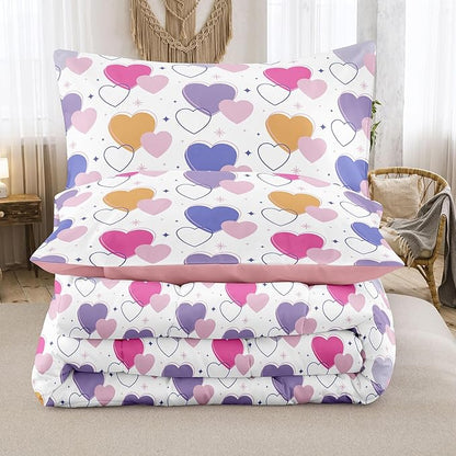 Peopleareok Pink Heart Comforter Sets Full (79x90 Inch), 3 Piece Cute Pink Purple Heart Print Comforter with 2 Pillowcases, Ultral Soft Microfiber Kids Bed Set for Girls Bedroom Decor All Season