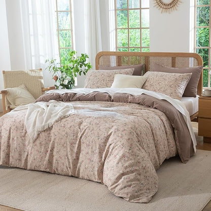 Floral Queen Duvet Cover Luxury Soft Brushed Microfiber Crinkle Gauze Fabric 3 Pieces Bedding Set Flower Pattern Queen Duvet Cover with Zipper Closure Breathable Comfy