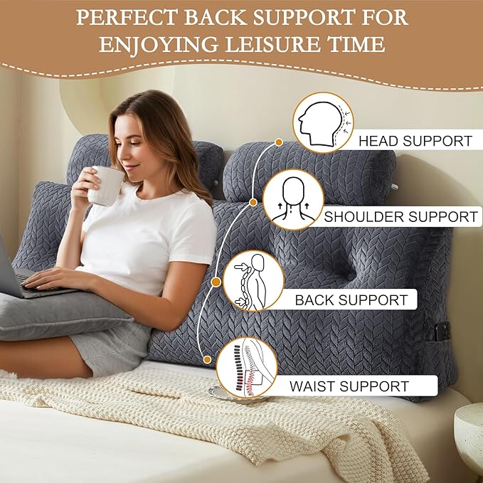 YOUR MOON Wedge Headboard Pillow Queen with 2 Pack Neck Roll Pillows, Triangular Wedge Backrest Pillow Headboard for Bed,Daybed,and Lounging, Large Bed Bolster Pillows,Dark Gray