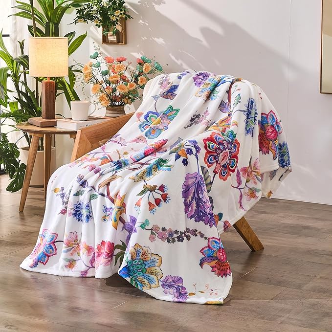 Floral Throw Blanket Birthday Gift for Women Mom Girls Peacock Flowers Blanket Summer Wildflower Flannel Blanket Watercolor Printed Throw for Couch Sofa Bed Chair 50"x60"