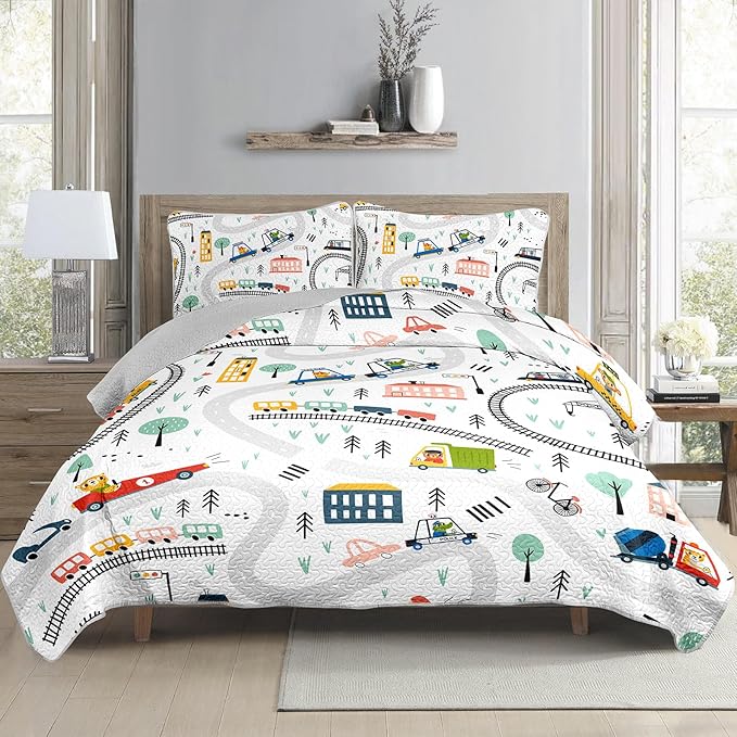 AILONEN Kids Truck 3-Piece Full Bedspread Coverlet Quilt Set for Boys Construction Work Road Cartoon Soft and Lightweight