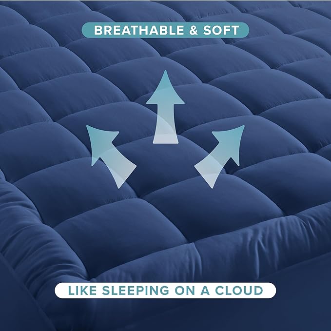 Bare Home Mattress Topper Cotton Top - Twin Extra Long - Plush Topper for Mattress - College Dorm Room Essentials - Cooling Breathable Air Flow - 8" to 21" Deep Pocket - Soft Pad (Twin XL, Dark Blue)