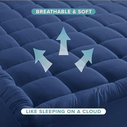 Bare Home Mattress Topper Cotton Top - Twin Extra Long - Plush Topper for Mattress - College Dorm Room Essentials - Cooling Breathable Air Flow - 8" to 21" Deep Pocket - Soft Pad (Twin XL, Dark Blue)