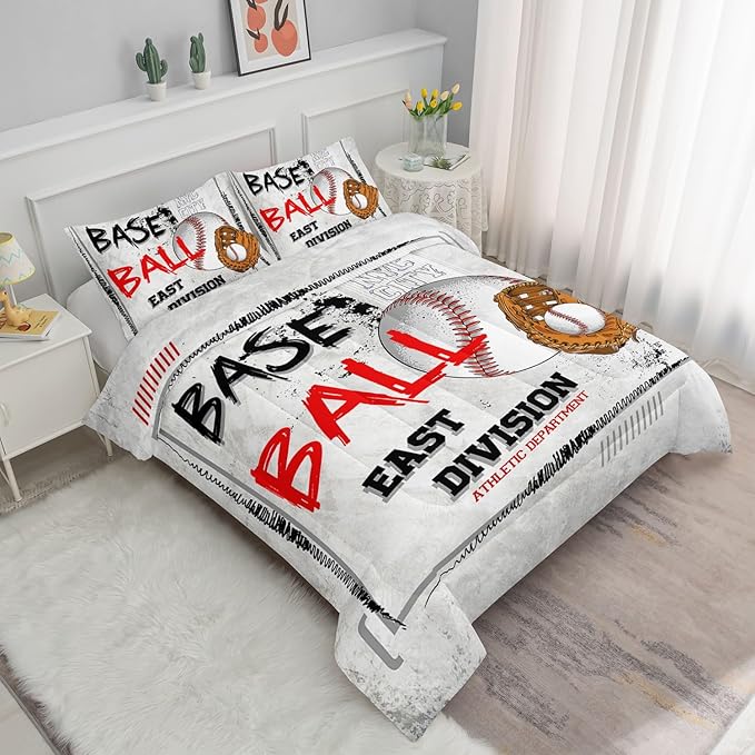 Baseball Theme Comforter Set Boys Baseball Sports White Series Comforter Sets Quilt with 1 Comforter and 2 Pillowcases for Kids Boys Bedroom All Season（Basketball-4 Twin）