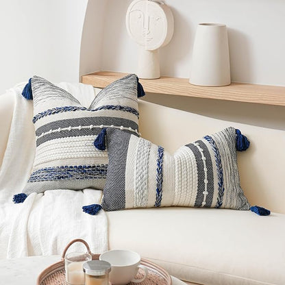 BlissBlush Navy Dark Blue Boho Throw Pillow Cover 22x22 Grey Decorative Accent Pillow for Couch Square Woven Textured Pillowcase Modern Boho Pillow for Bed, Bohemian Pillow Cover (Pack of 1)