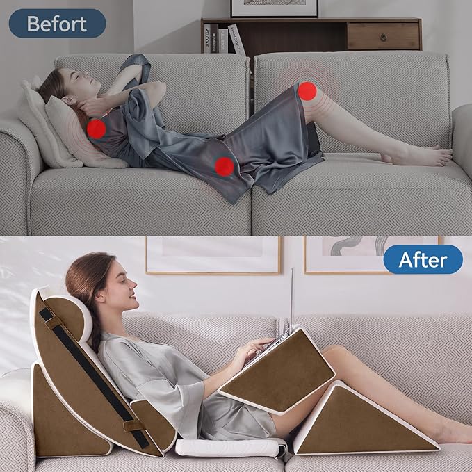 Wedge Pillow Set for After Surgery, 7 PCS Bed Wedge Pillow for Sleeping, Memory Foam Orthopedic Back Pillow for Pain Relief and Acid Reflux, Adjustable Post Surgery Pillow Brown