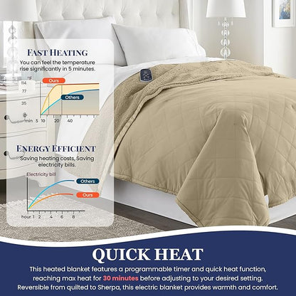 Thermee Micro Flannel Heated Blanket With Sherpa Back, 10-Setting Electric Full Size, Programmable, Ultra-Soft Throw, Fast Heating Thermal - Tan