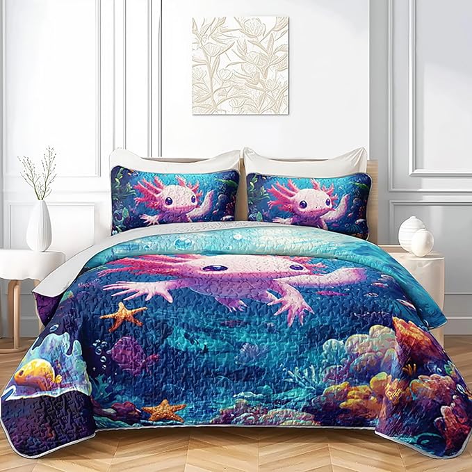AILONEN Cartoon Axolotl Quilt Set Twin Size,Underwater World Ocean Animal Bedspread Coverlet,3Pcs Pink Axolotl Printed Kawaii Quilt & 2 Pillowcases,Soft Lightweight