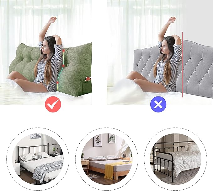 Wedge Headboard Pillow Dorm Room Reading Pillow Back Support for Sitting Up in Bed Bolster Lumbar Cushion Body Positioning Bedrest Cotton Linen 59in Grass Green Queen