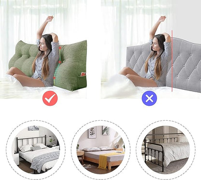 Wedge Headboard Pillow Dorm Room Reading Pillow Back Support for Sitting Up in Bed Bolster Lumbar Cushion Body Positioning Bedrest Cotton Linen 59in Grass Green Queen