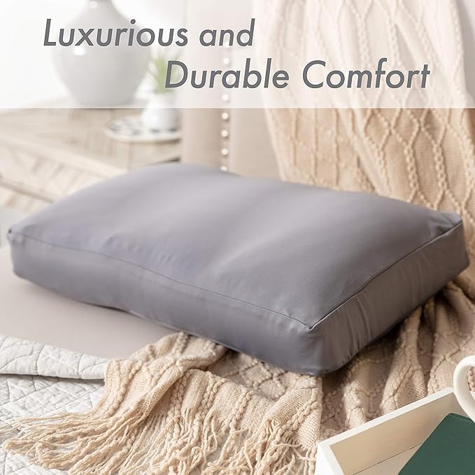 PILLOWY Premium Microbead Bed Pillow, X-Large Extra Fluffy But Supportive - Ultra Comfortable Sleep with Silk Like Anti Aging Cover 85% Spandex/ 15% Nylon Breathable, Cooling Stone Gray