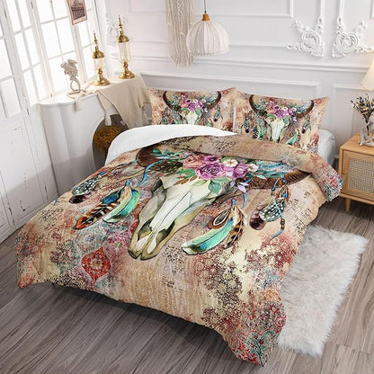 Kids Comforter Set Tribal Bull Head Printed Pattern Bedding Set with 1 Comforter and 2 Pillowcases for Girls Boys Bedroom All Season(Tribal Bull Head Twin)