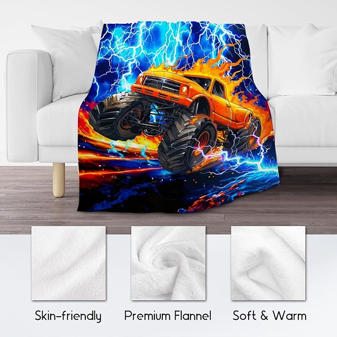 Boys Blanket, Truck Blankets Gifts for Kids, Truck Theme Throw with Fire, Cozy Flannel Throw for Boys Men Adults, 60"x80"