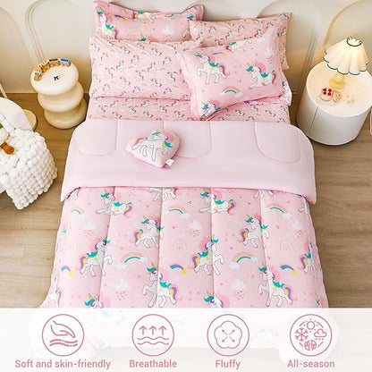 Mooreeke Twin Size Comforter Sets for Girls Kids, 6 Pieces Bed in a Bag Heart Rainbow Unicorn Bedding Comforter Sheet Set with Shams and Decorative Toy Pillow, Ultral Soft Microfiber Kids Bed Set