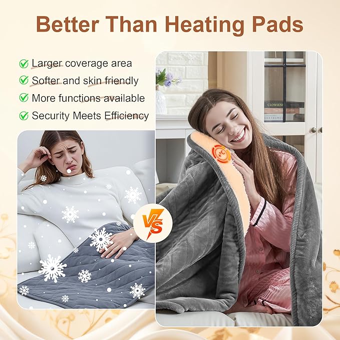 Electric Blanket Heated Throw, Ultra-Soft 60" x 50" Heating Blankets, Fast, Even & Efficient Heating, 1-12 Hours Auto-Off and 6 Heatin Settings, UL Listed for Safety, Warm Gift for Grandma