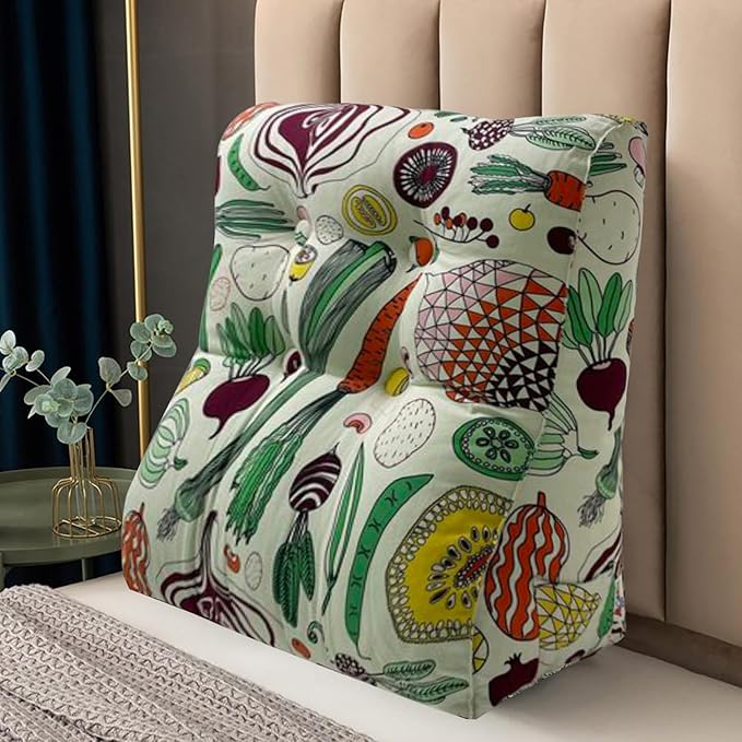 WOWMAX Curve Reading Pillow for Bed Adult, Heighten Back Pillow for Sitting in Bed, Back Support Pillow for Bed, Chair Pillow for Back Support, 100% Cotton Removable Cover, Veggies