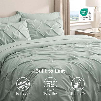 Bedsure Full Size Comforter Sets - Bedding Sets Full 7 Pieces, Pintuck Bed in a Bag Sage Green Bed Set with Comforter, Sheets, Pillowcases & Shams