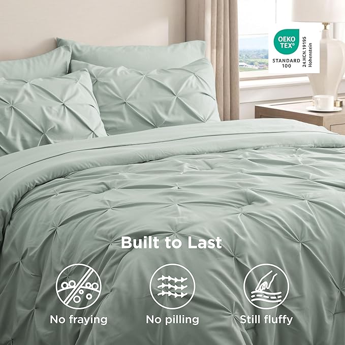 Bedsure Twin Comforter Set Sage Green - Bed in a Bag Twin Size Bedding 5 Pieces, GentleSoft™ Pintuck Bed Set Gift for Family, Pinch Pleat Sage Green Comforter with Sheets, Pillowcase & Sham
