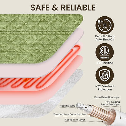 Heated Blanket Electric Blanket 62"x84", Soft Taffeta Sherpa Electric Throw with 5 Heating Level & 1-12 Hour Auto Off, Heated Throw with Overheating Protection, Machine Washable(Sage Green)