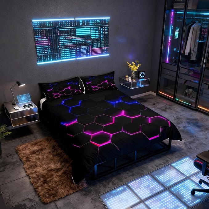 Castle Fairy 3D Honeycomb Duvet Cover Queen Size for Kids Hexagon Bedding Sets with 2 Pillowcase,Pink Blue Neon Lights Print Comforter Cover Teen Boys Girls Bedroom Decor Bed Cover 3 Piece,Black