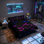 Castle Fairy 3D Honeycomb Duvet Cover Queen Size for Kids Hexagon Bedding Sets with 2 Pillowcase,Pink Blue Neon Lights Print Comforter Cover Teen Boys Girls Bedroom Decor Bed Cover 3 Piece,Black