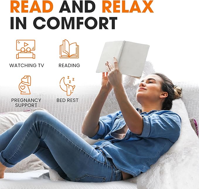 Cheer Collection Fluffy Reading Pillow Chair - Shaggy Hair Chair Pillow with Arms for Bed & Couch, White