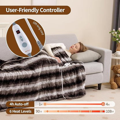 Bearhug Heated Blanket 6 Heat Settings Electric Blanket, 4-Hour Auto Shut-Off, Luxurious Faux Fur & Sherpa Dual-Sided Heated Throw, Machine Washable, 50 x 60 Inches, Gift-Ready Elegant Packaging