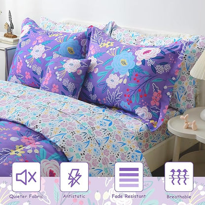 Mooreeke Kids Twin Comforter Sets for Girls 6 Pieces Purple Floral Bedding Set for Teens Microfiber Flowers Kids Bed in A Bag with Comforter, Sheet Set, Shams and Decorative Toy Pillow All Season