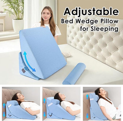 Bed Wedge Pillow for Sleeping, 3PCS Wedge Pillow Set for After Surgery, Adjustable 7 &12 inch Pillow Wedges for Acid Reflux Relief, Back Pain Relief, Sleep Apnea, Sitting Up, Headboard (Light Blue)