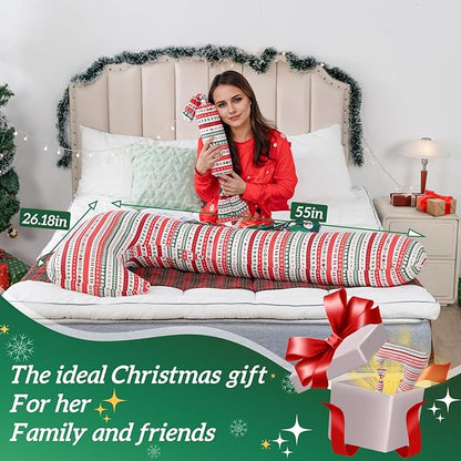 Long Body Pillow with Mini Candy Pillow - Full Size Hugging & Cuddle Bolster, Removable Red Christmas Print Cover, Adjustable Firmness, Machine Washable- for Adults, Kids, Pregnancy Support
