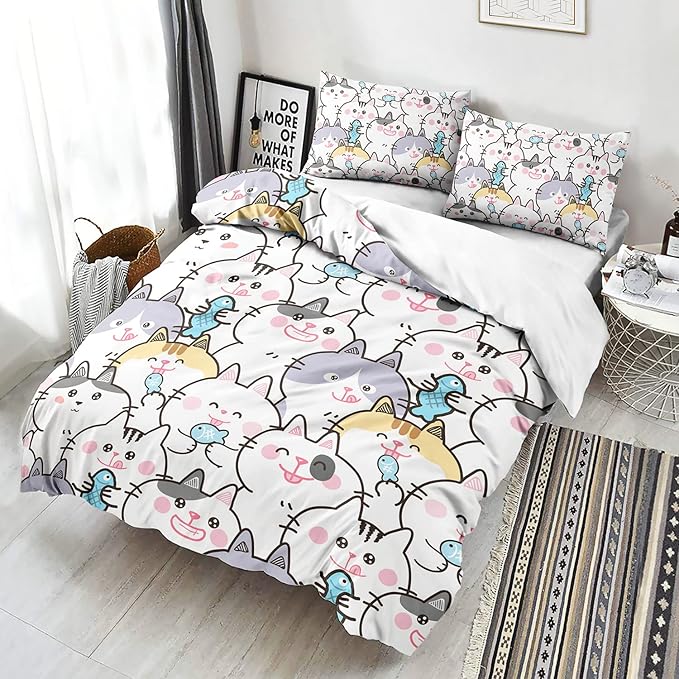 CVHOUSE Kawaii Bedding Queen Size,Kawaii Cat Bedding Set for Girls Kids Teens,Cute Cat Comforter Set Cover Soft,1 Duvet Cover 2 Pillowcases 3 Piece,Girl's Bedroom Kawaii Decor