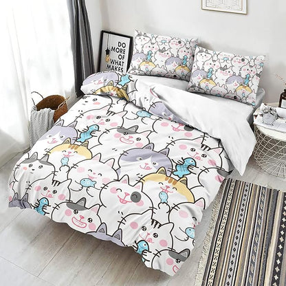 CVHOUSE Kawaii Bedding Queen Size,Kawaii Cat Bedding Set for Girls Kids Teens,Cute Cat Comforter Set Cover Soft,1 Duvet Cover 2 Pillowcases 3 Piece,Girl's Bedroom Kawaii Decor