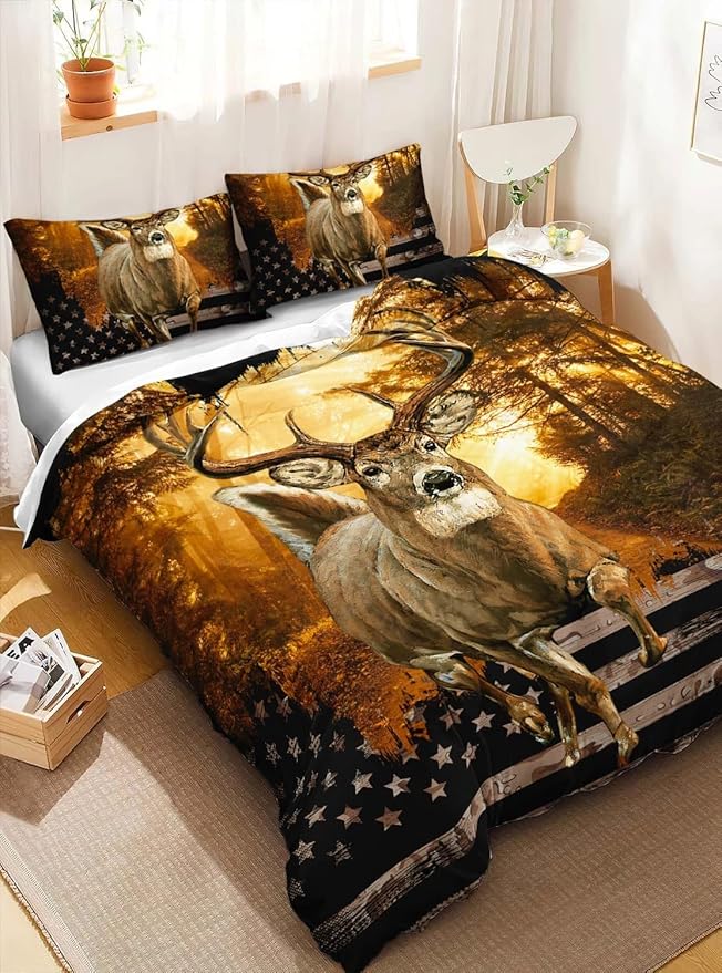 CVHOUSE Deer Hunting Duvet Cover Queen Size,American Flag Bedding Set,Deer Theme Comforter for Boys Kids Teens,1 2 Pillowcases 3 Piece Queen 89'x89'