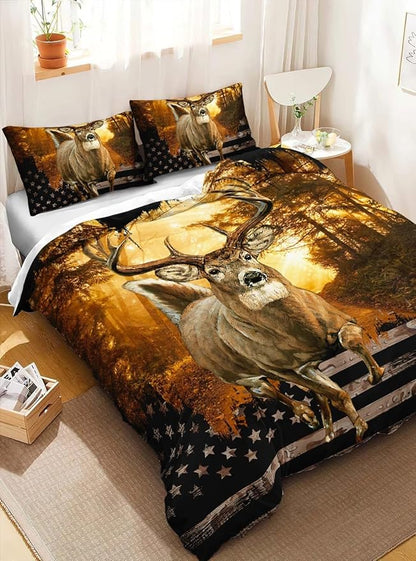 CVHOUSE Deer Hunting Duvet Cover Queen Size,American Flag Bedding Set,Deer Theme Comforter for Boys Kids Teens,1 2 Pillowcases 3 Piece Queen 89'x89'