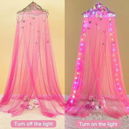 FIOBEE Bed Canopy for Girls Room Bed Canopy Curtains with Led Lights Mosquito Net DIY Princess Room Décor with Stars Butterflies for Kids Bedroom, Red