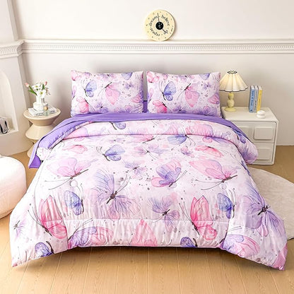 MWMWMW Girls Comforter Set Queen, 5 Piece Bed in a Bag, Pink Purple Butterfly Bedding Set for Kids, Queen Size Bedding Set with 1 Comforter, 1 Flat Sheet, 1 Fitted Sheet & 2 Pillowcases