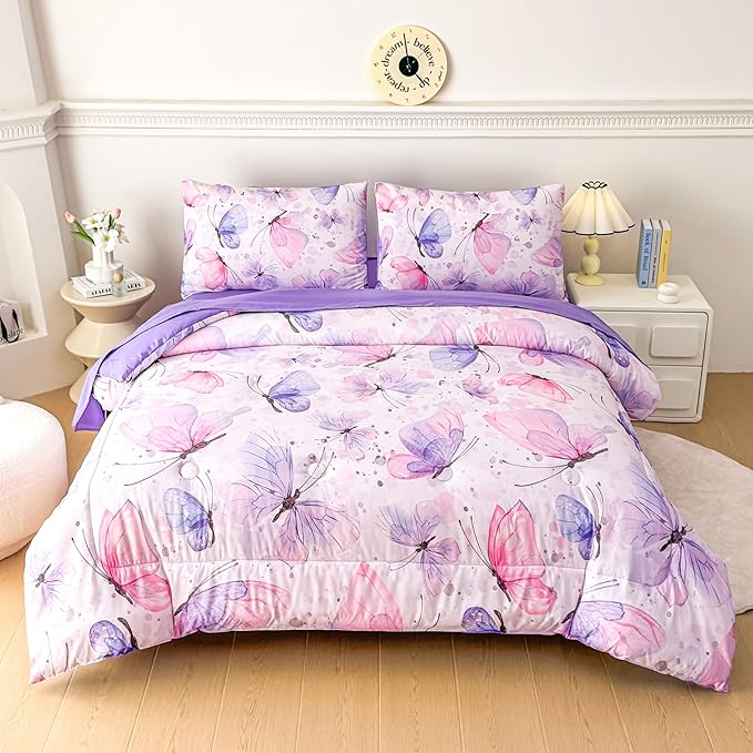MWMWMW Butterfly Girls Comforter Set Twin, Pink Purple Butterflies Printed Pattern Bedding Set, 5 Pcs Cute Butterfly Bedding Set for Girls Teens Kids Bedroom with Comforter, Sheet Set, Pillowcase