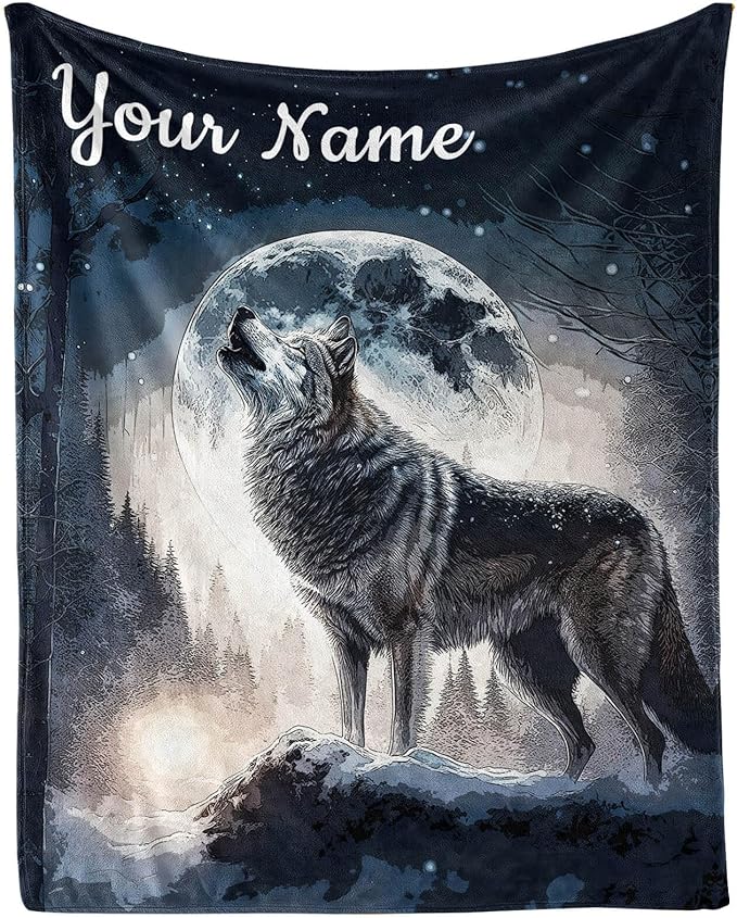 Custom Howling Wolf Blanket with Name for Women Men, Personalized Cool Wolf Themed Design Printed Throw Blankets for Teens Adults Couch Bed, Giftable Blanket, 60"x 80"